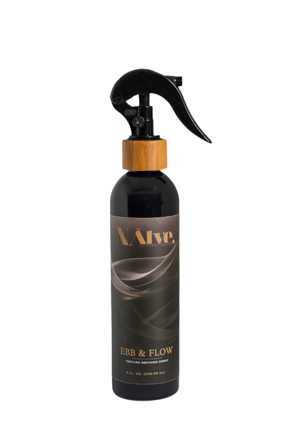 Black spray bottle with bamboo cap on a white background