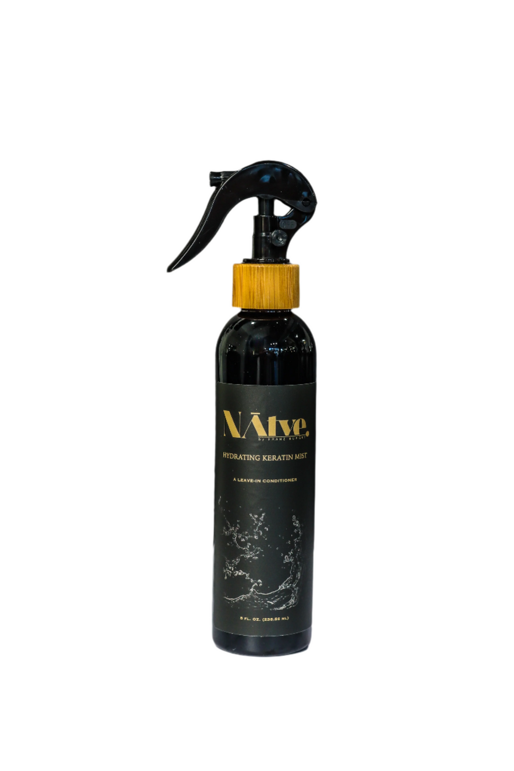 Black spray bottle with bamboo neck and gold writing